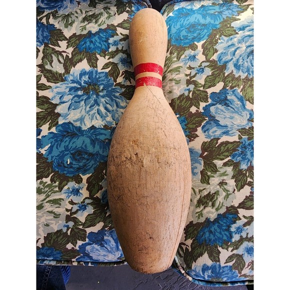 Unbranded Other - Vintage Wooden Full Size Bowling Pin Red With UnPainted Wood  Shabby Chic